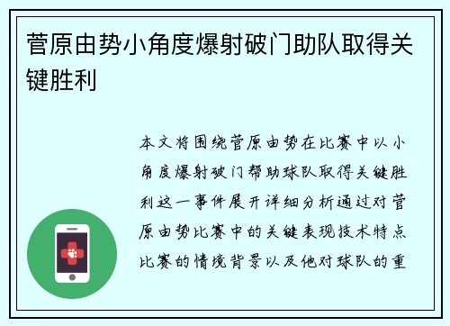 菅原由势小角度爆射破门助队取得关键胜利 菅原由势小角度爆射破门助队取得关键胜利