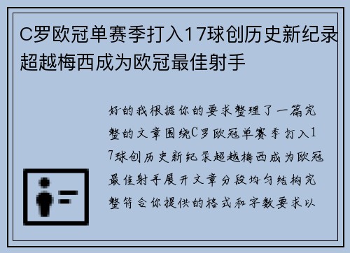 C罗欧冠单赛季打入17球创历史新纪录超越梅西成为欧冠最佳射手